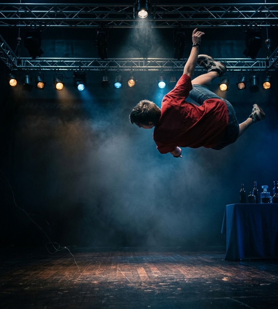 Dancer performing a backflip on stage at Kaly's School of Dance